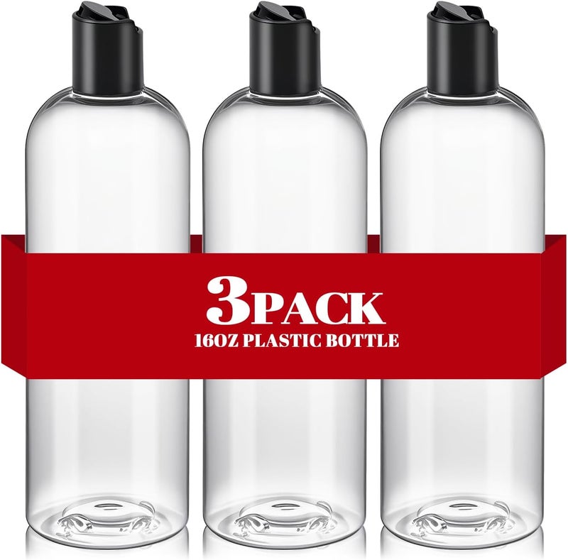 DPLASKA 3Pcs 16 oz Clear Plastic Refillable Travel Shampoo and Conditioner Bottles with Black Disc Top Caps，Squeeze Empty Bottles Cosmetic Containers for Lotions, Body Soap Cream - Image 1